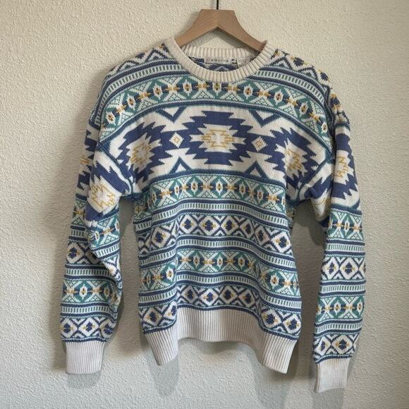 VTG 90's Claiborne Pastel Pattern Aztec Sweater Knit Grandpa Crewneck Western M - Picture 1 of 5